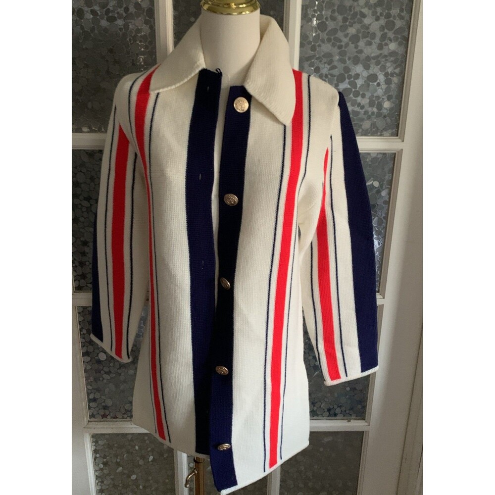 Vtg Lilly of California Sweater Red White Blue Cardigan Anchor Buttons 60s 70s